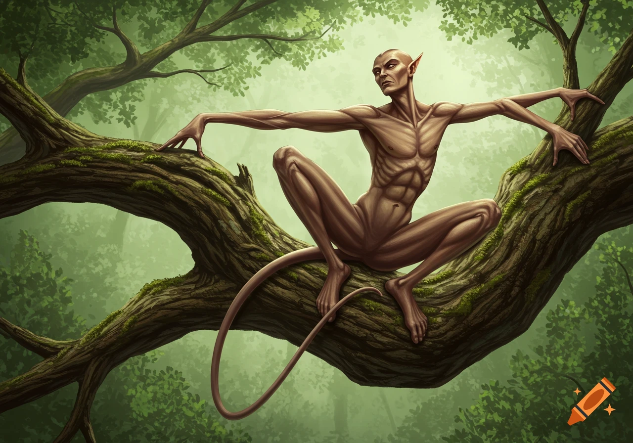 A pale, lean, elf-like creature with long arms and a tail perches on a mossy tree branch in a vibrant green forest, looking ahead.