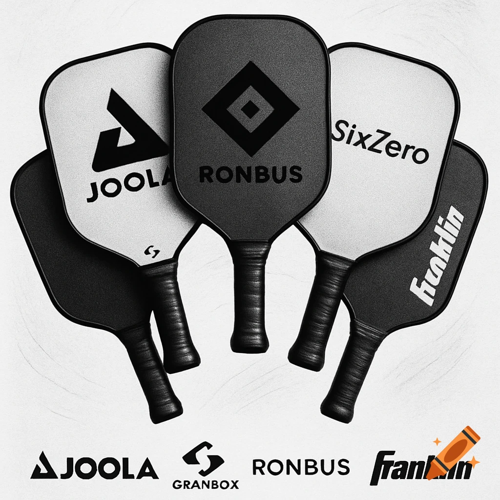 Black and white pickleball paddles with brand logos Joola, Ronbus, SixZero, and Franklin, displayed on a light background.