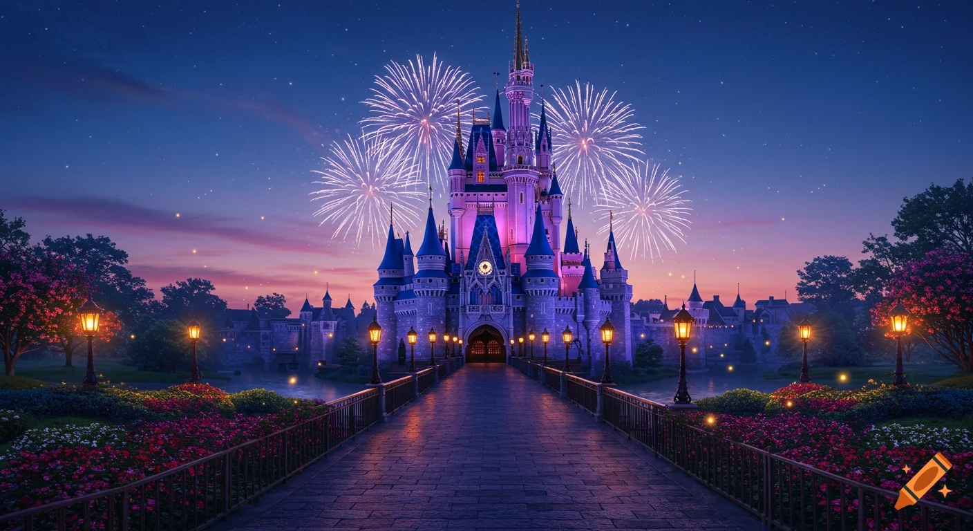 A fairytale castle illuminated at dusk, with fireworks exploding above, viewed from a stone bridge lined with lanterns and flowers.