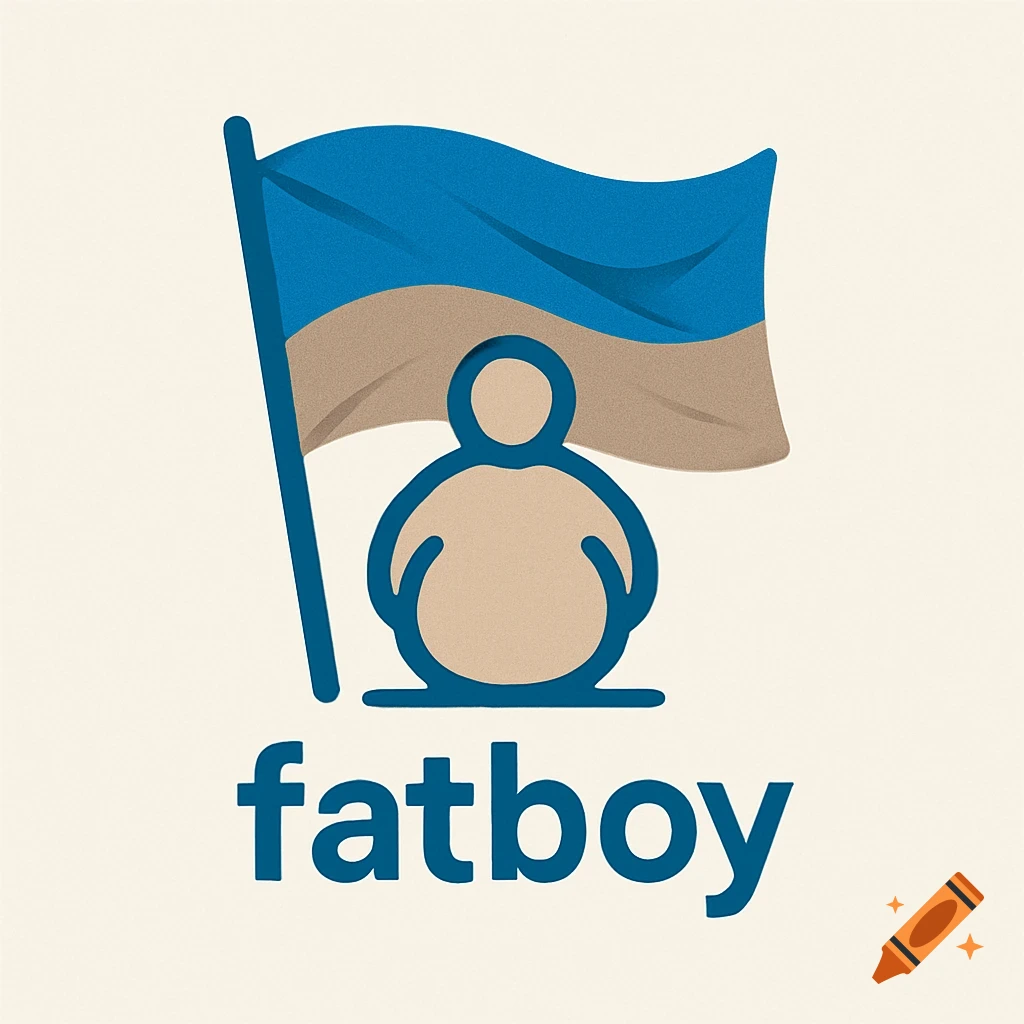 A stylized logo featuring a person with a large belly standing below a blue and brown flag, with the word 'fatboy' written underneath.