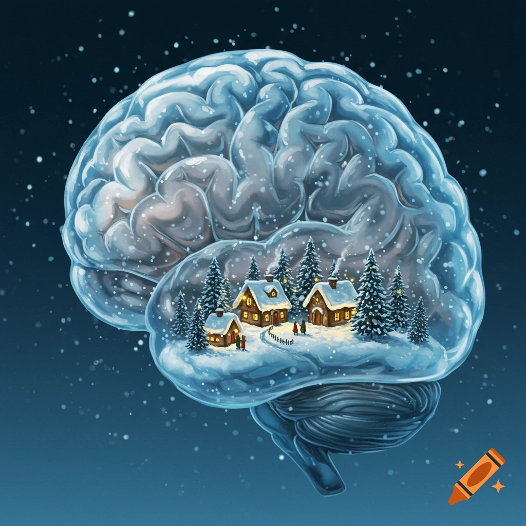 A transparent, textured brain-shaped snow globe contains a snowy winter village with houses and fir trees, with falling snow.