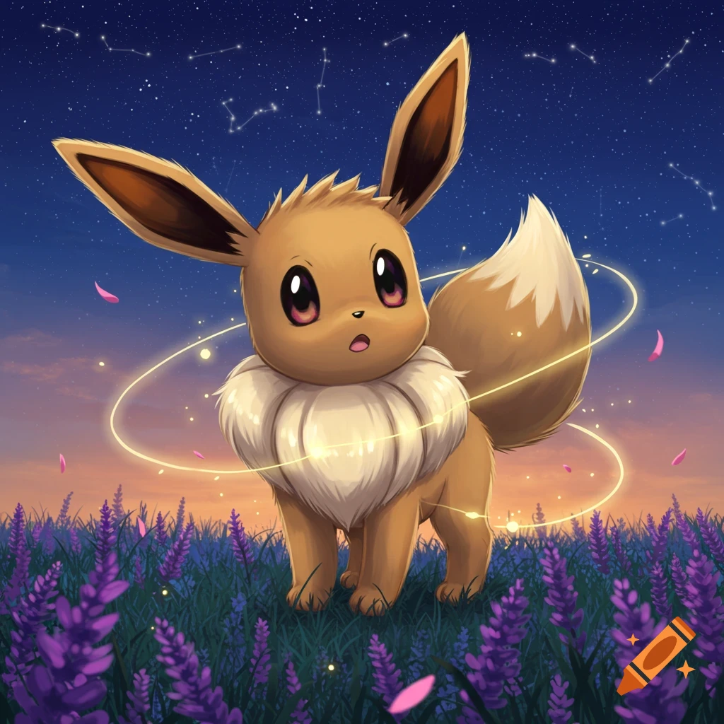 A cute Eevee stands in a field of purple lavender flowers under a starry night sky, with glowing light rings circling it.