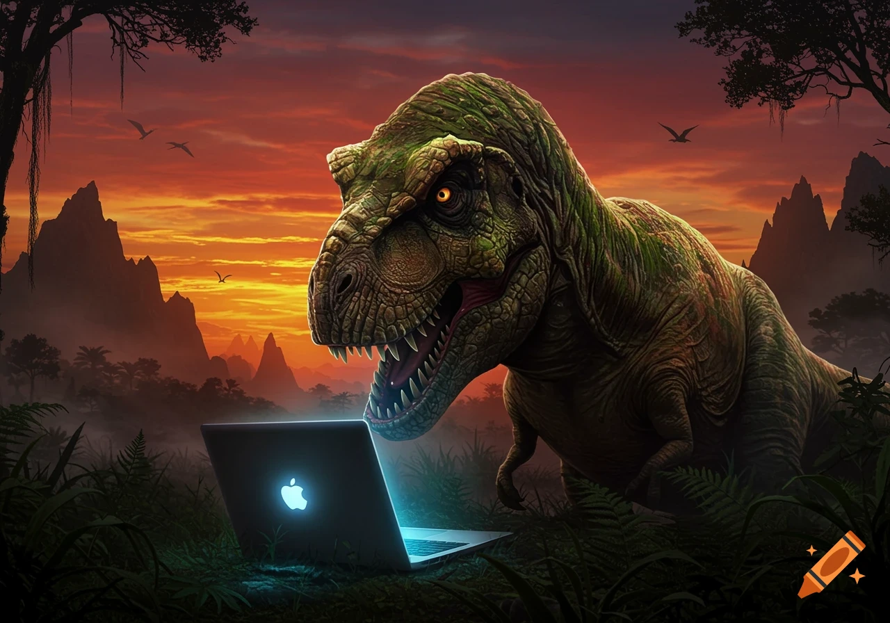 A large green Tyrannosaurus Rex leans over a glowing laptop in a lush prehistoric jungle at sunset, with mountains and pterodactyls in the background.