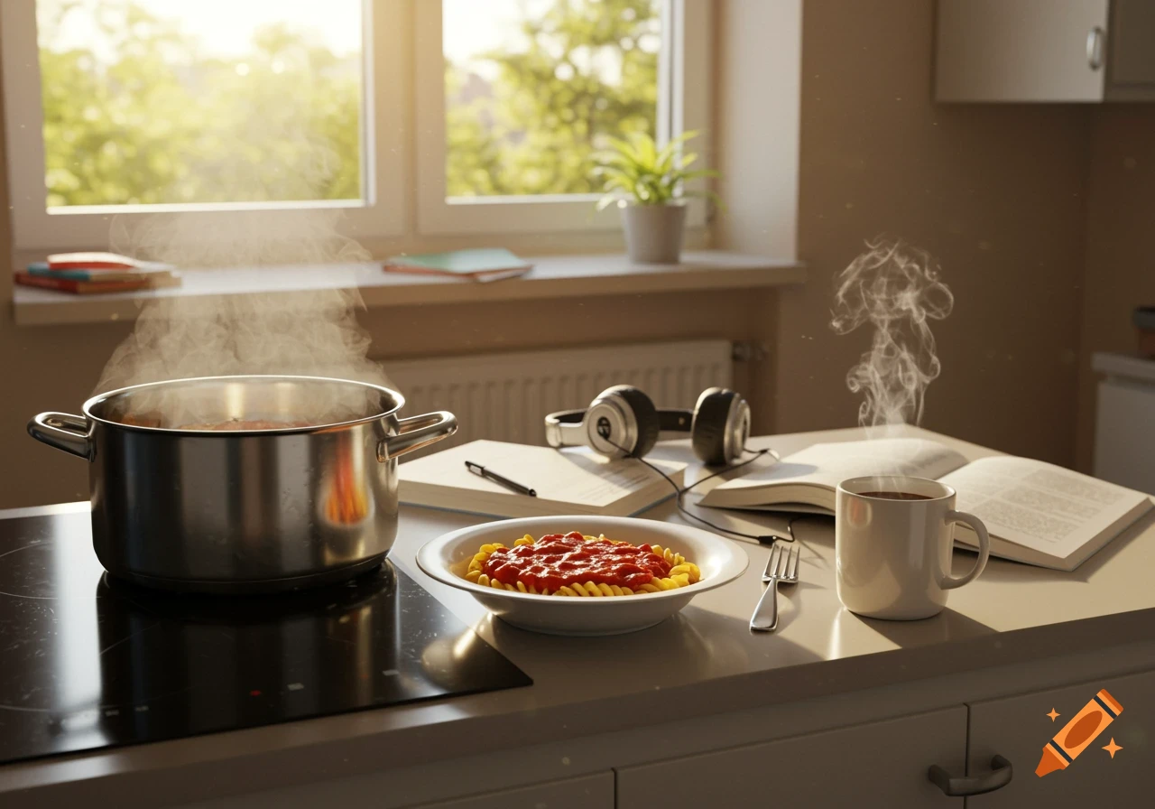 A steaming pot, a bowl of pasta, headphones, books, and a coffee mug on a kitchen counter by a sunlit window.