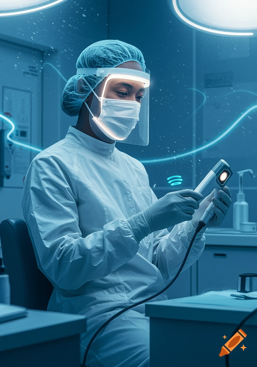 A person in medical attire, including a face shield and mask, holds a glowing futuristic device in a blue-lit lab.