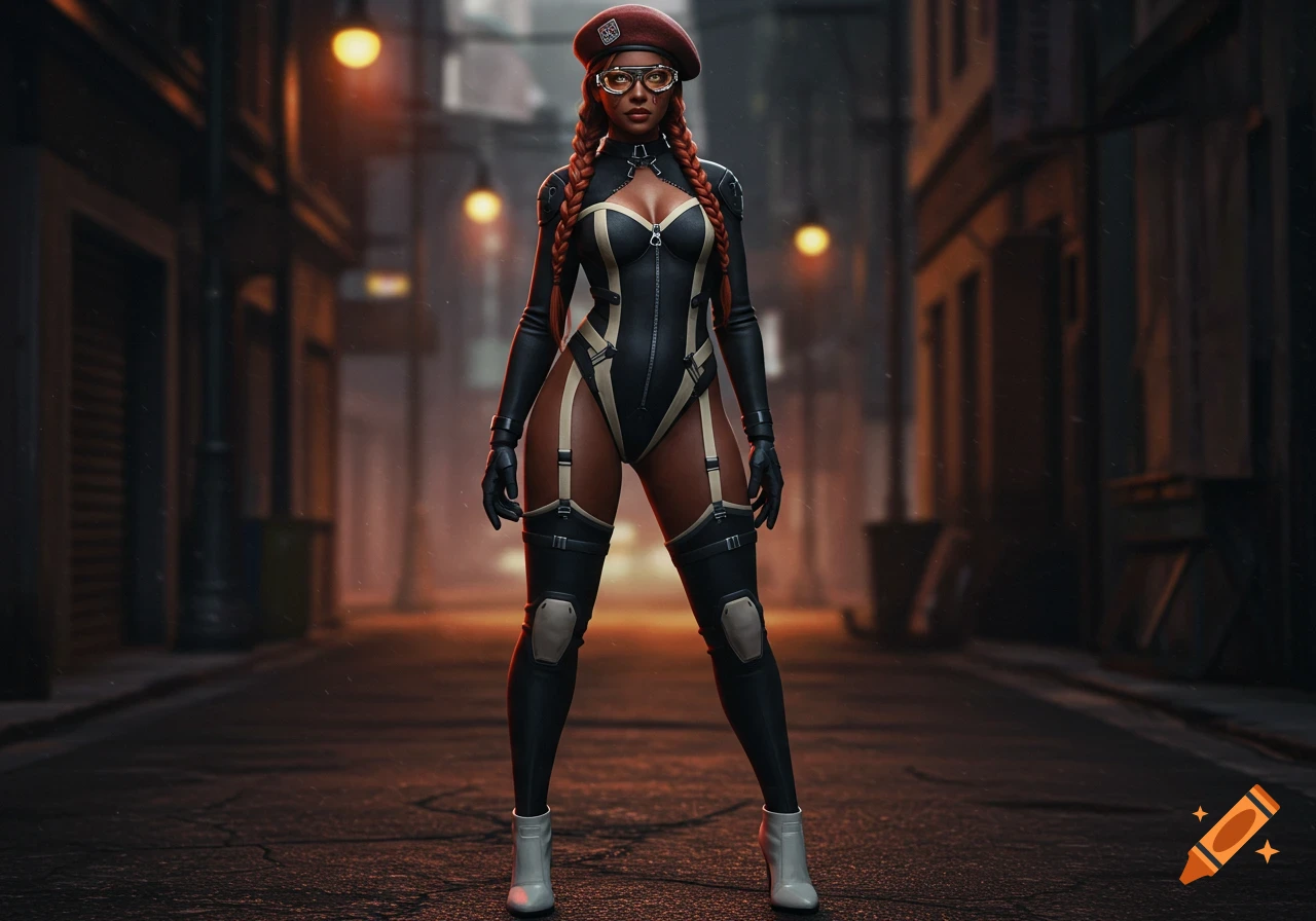 A woman in a black tactical suit, beret, and amber goggles stands in a dark alley.