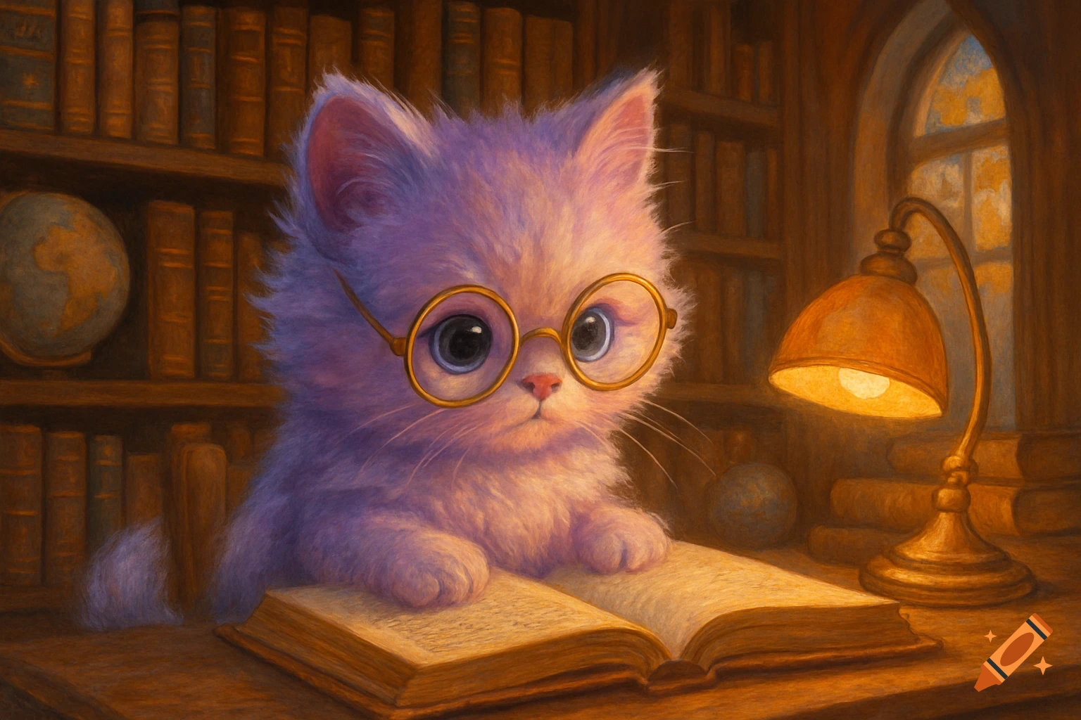 A cute purple kitten wearing round glasses intently reading an open book in a dimly lit library.
