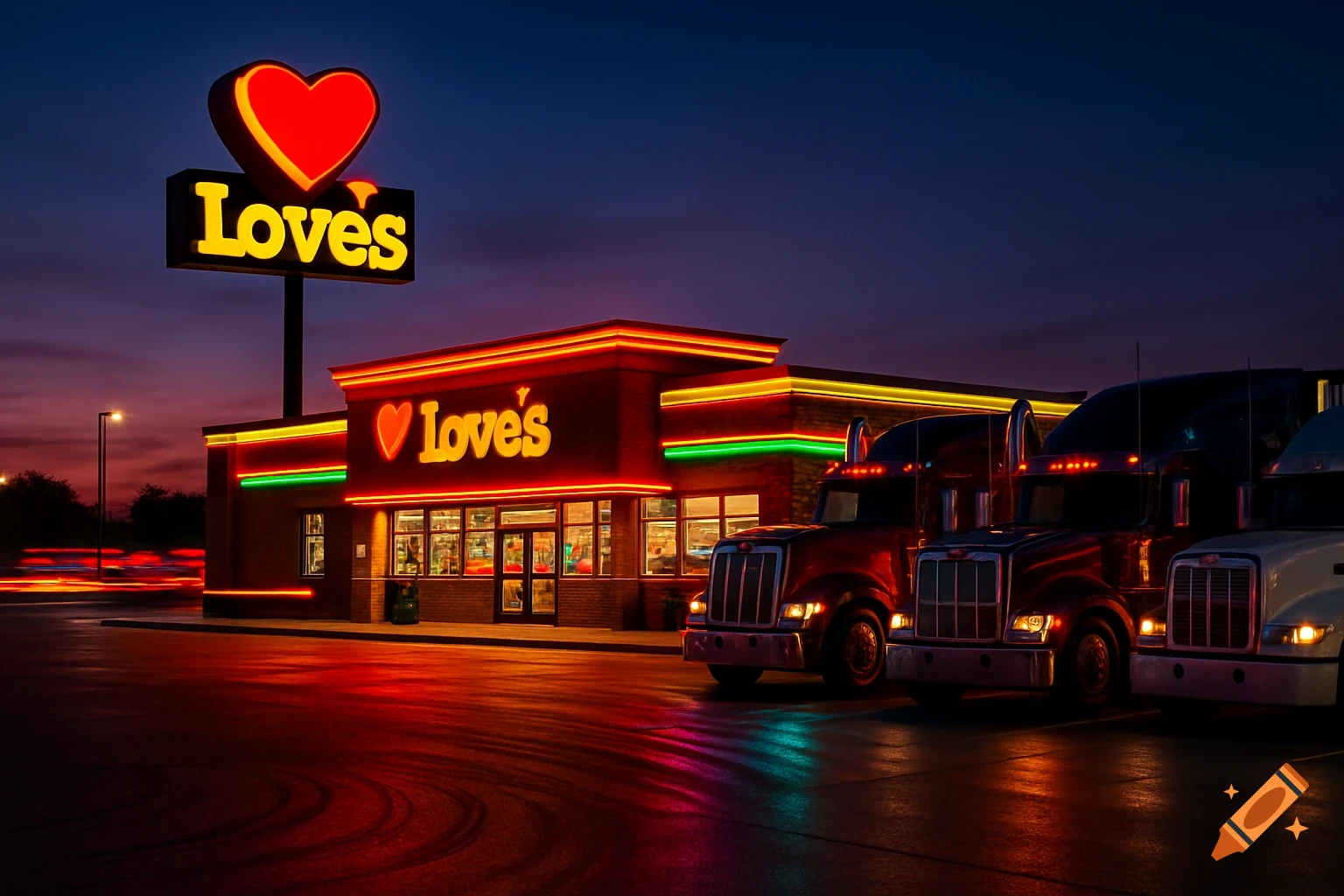A well-lit Love's Travel Stop at dusk, with large semi-trucks parked in front. Neon lights illuminate the wet asphalt.