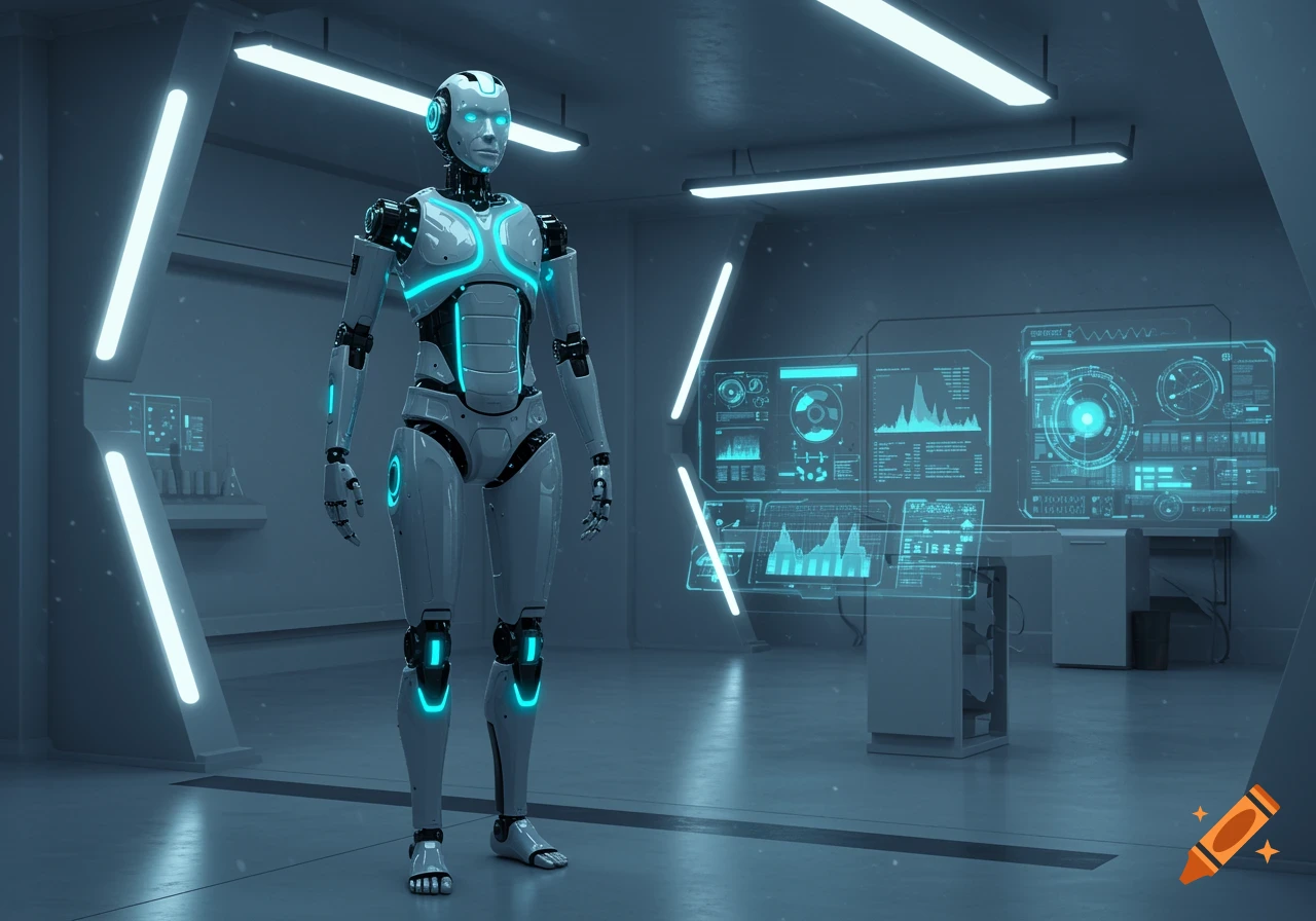 A white humanoid robot with glowing blue accents stands in a futuristic laboratory with holographic data displays.