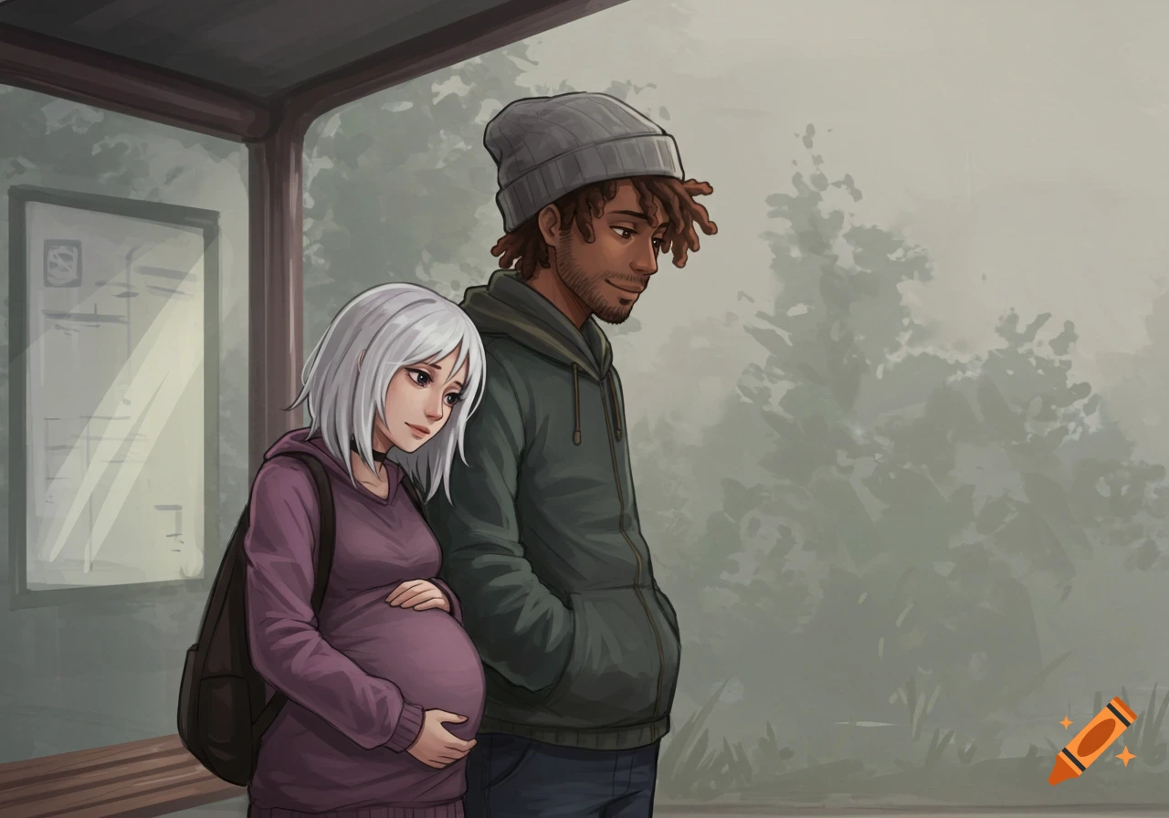 An anime-style digital illustration of a pregnant woman holding her belly, leaning on a man, at a foggy bus stop.