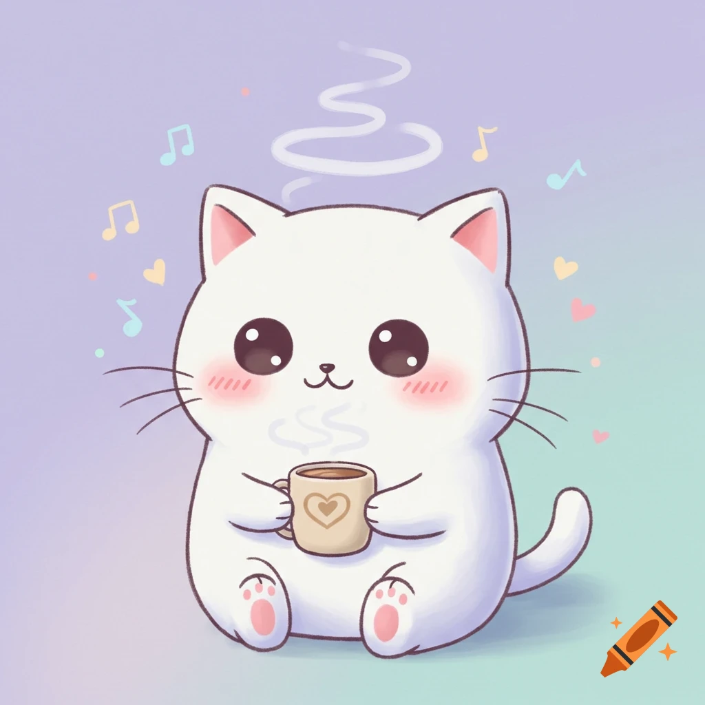 A cute, chubby white cartoon cat character sits, holding a mug of steaming coffee, with musical notes and hearts floating around it.