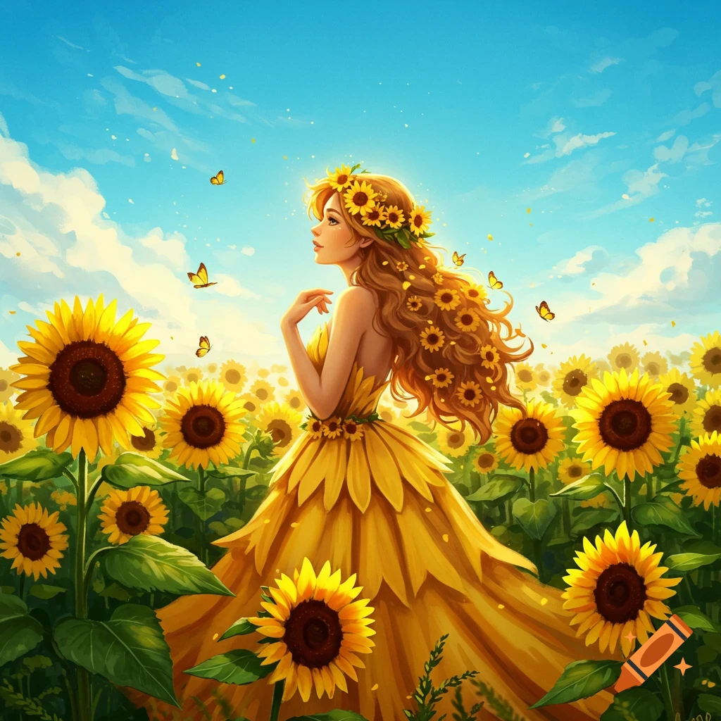 Illustrated woman in a yellow sunflower dress and crown standing in a field of sunflowers with butterflies under a sunny blue sky.