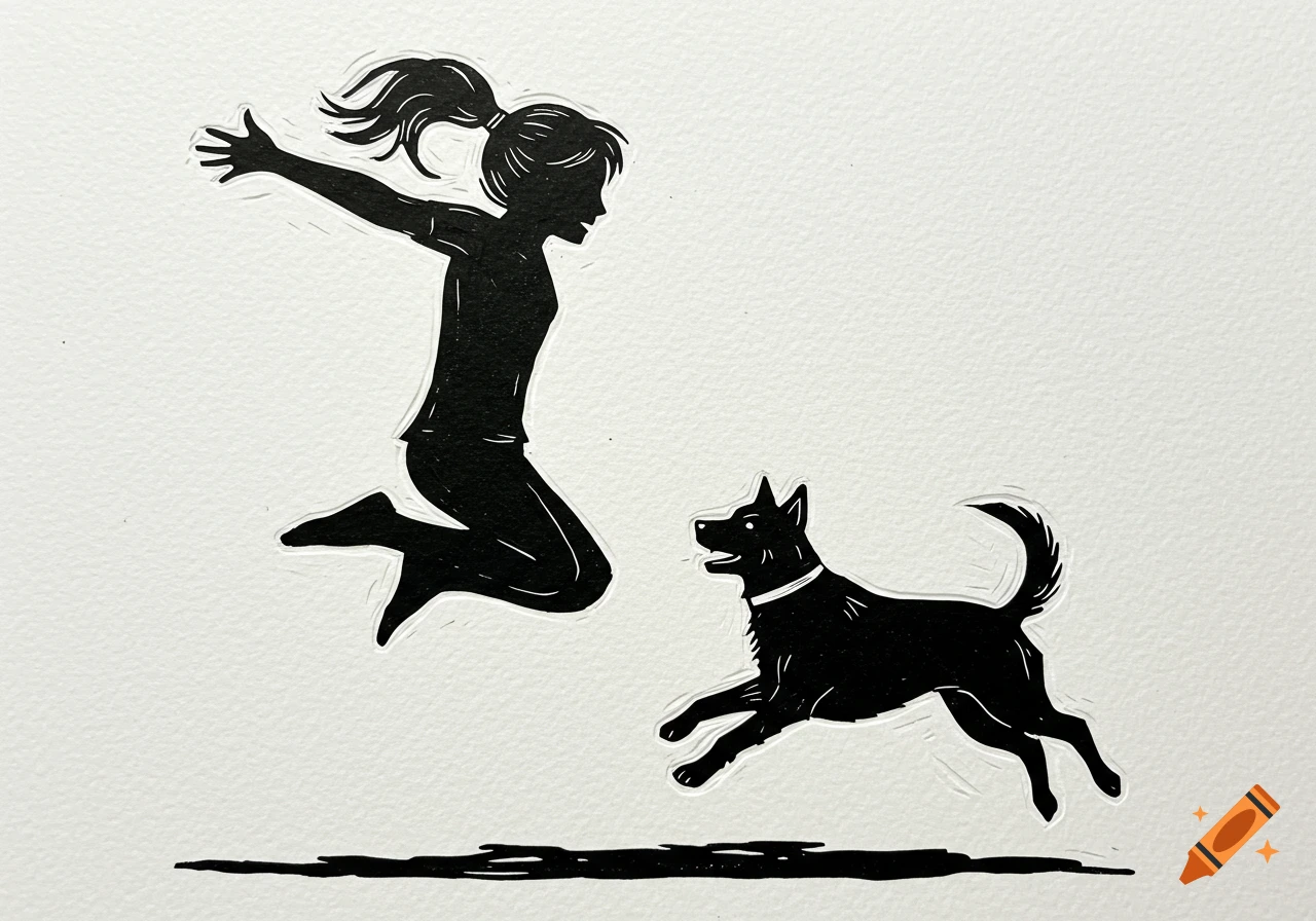 A black and white linocut of a girl jumping and a dog running.