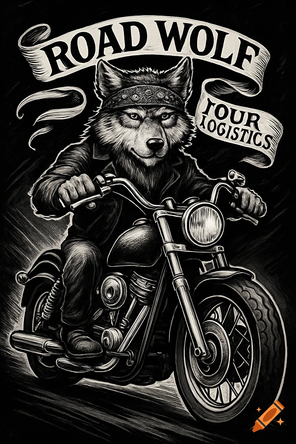 A black and white illustration of a wolf wearing a bandana and leather jacket riding a chopper motorcycle. Banners read "ROAD WOLF" and "TOUR LOGISTICS".
