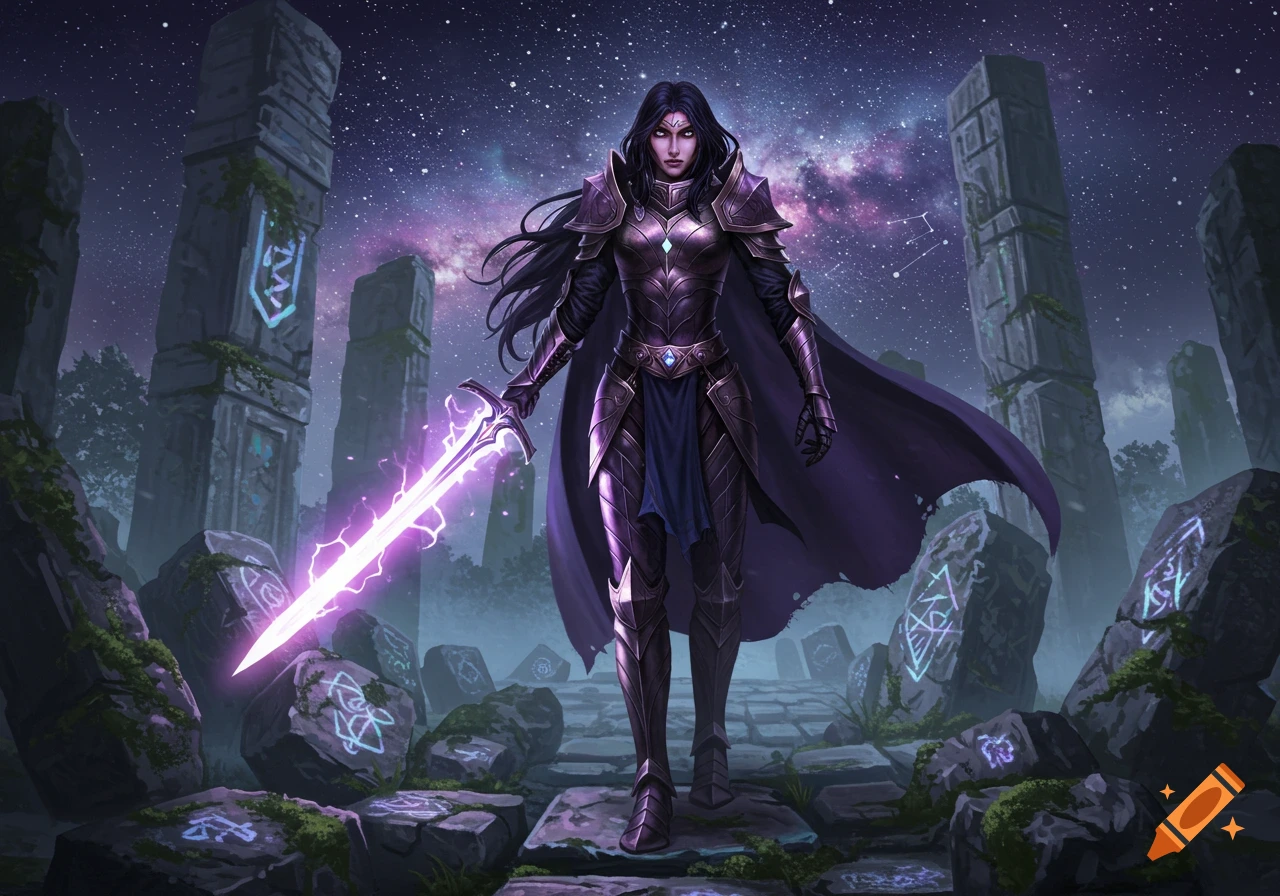 A noble female swordmaster in dark armor stands holding a glowing energy sword among ancient ruins under a cosmic night sky.