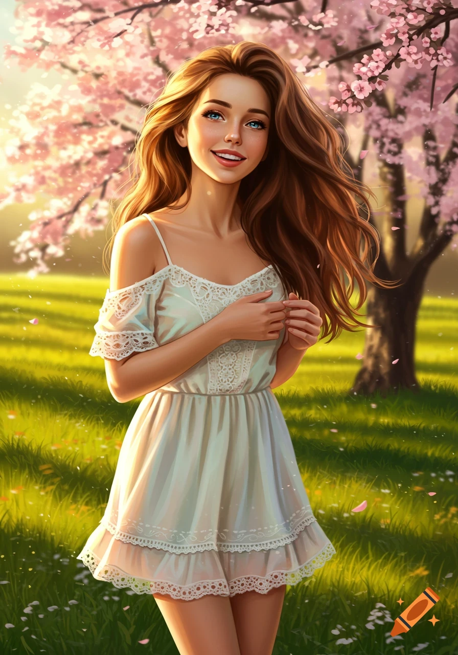 A smiling girl with long brown hair in a white dress stands in a grassy field with pink cherry blossoms overhead, in a vibrant artistic style.
