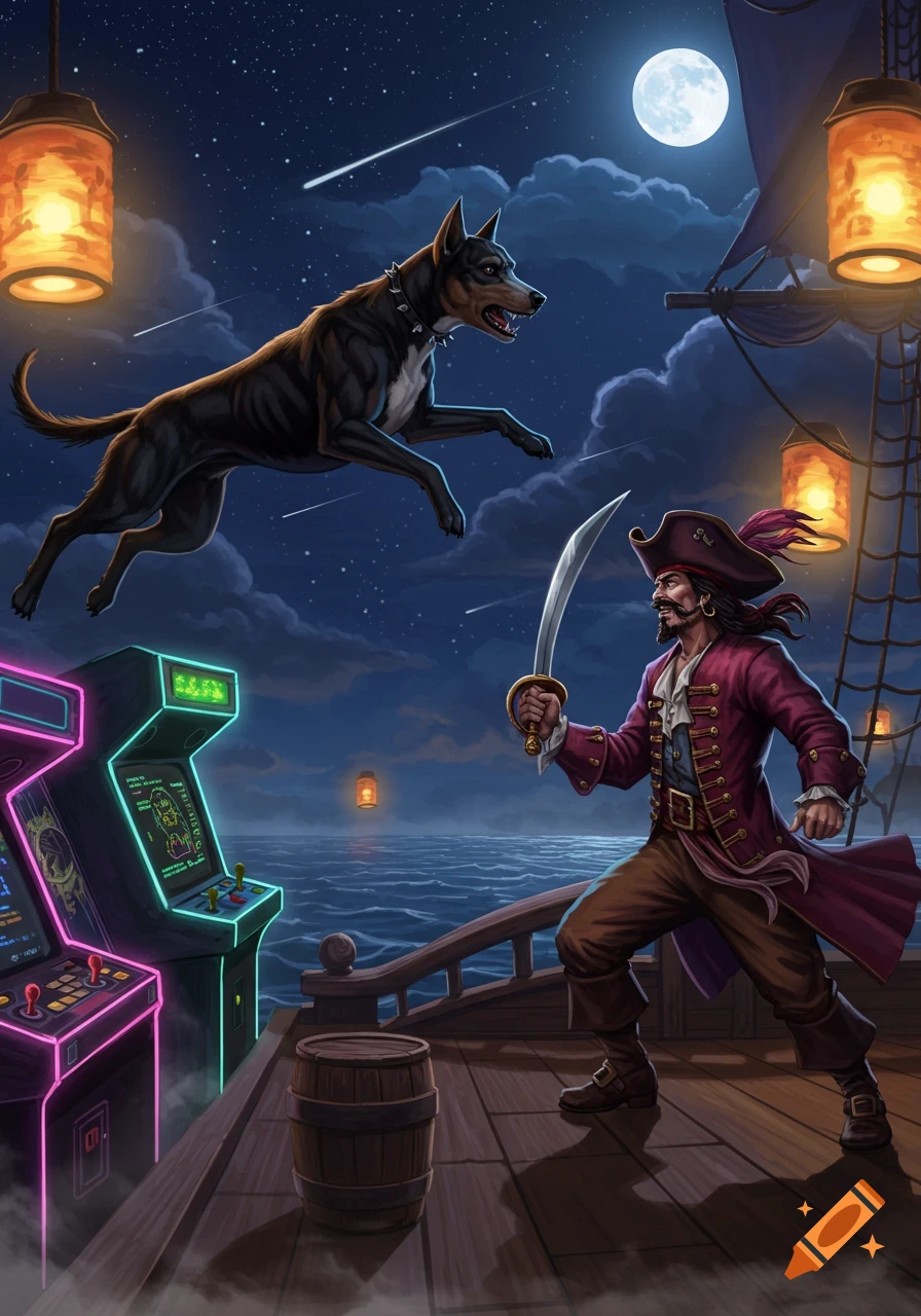An illustrated scene of a pirate on a ship's deck, sword drawn, facing a large black dog leaping through the night sky. Arcade machines glow neon beside him.
