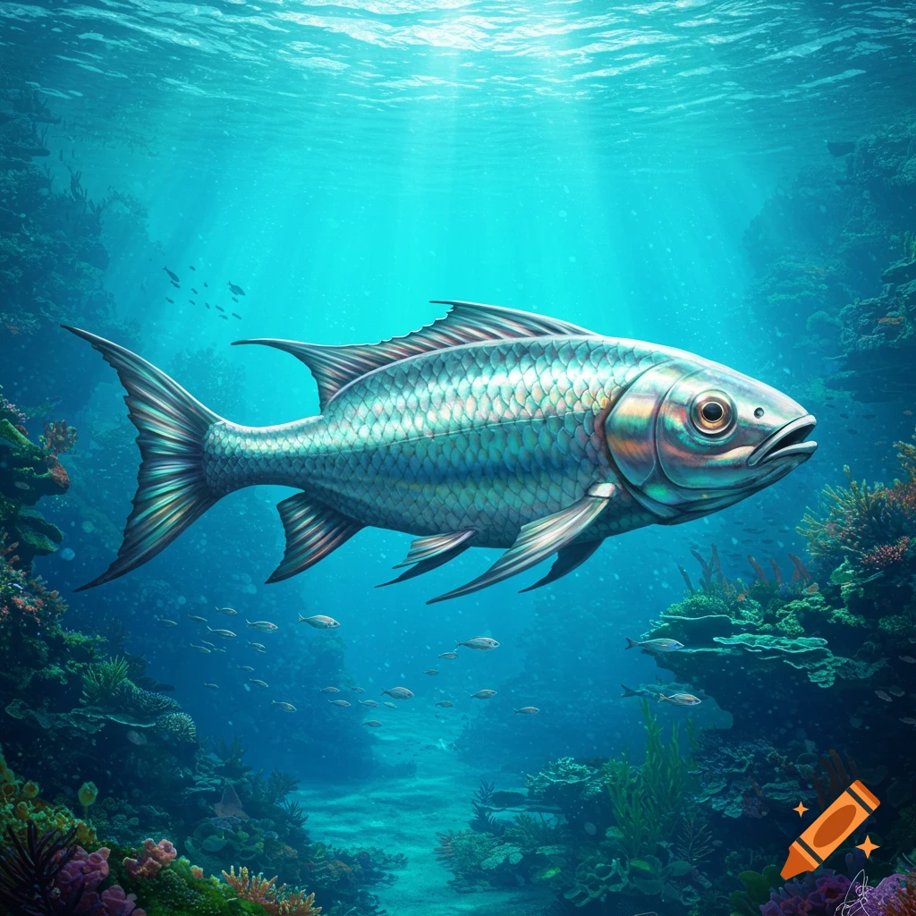 A large, iridescent fish swims through a vibrant coral reef in a sunlit underwater scene.
