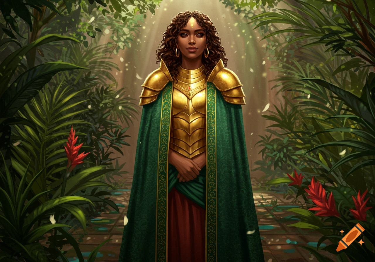 A woman with curly dark hair, gold armor, and a green cape stands in a lush, sun-dappled jungle, digital painting.