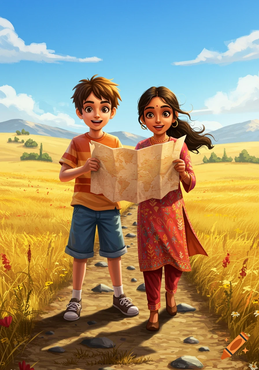Cartoon illustration of a boy and a girl holding a map, walking on a dirt path through a golden field under a blue sky.