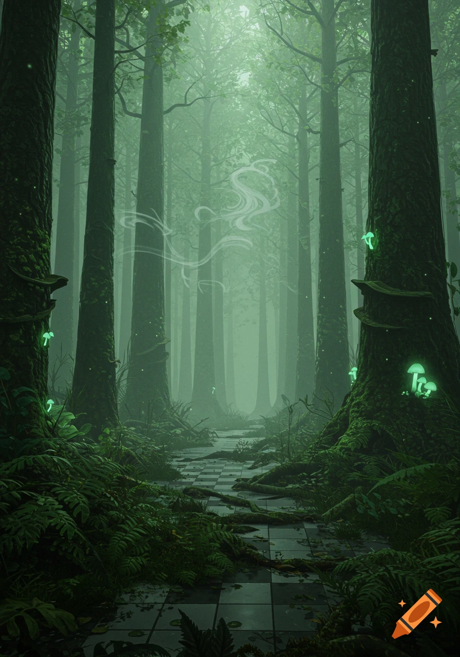 A misty, dark green forest with tall trees, glowing mushrooms, and a checkered path disappearing into the fog.