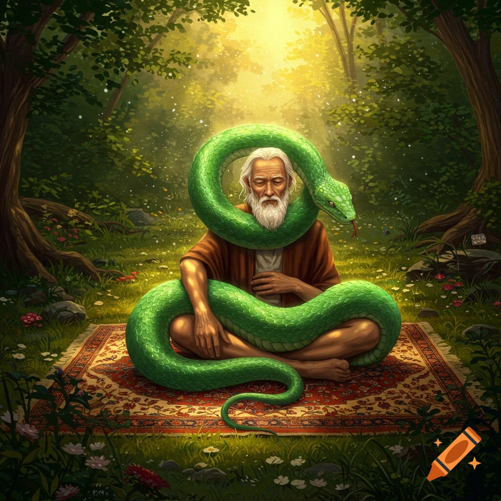 An old man with a white beard sits cross-legged on a patterned rug in a sun-dappled forest, a large green snake wrapped around his neck and body.