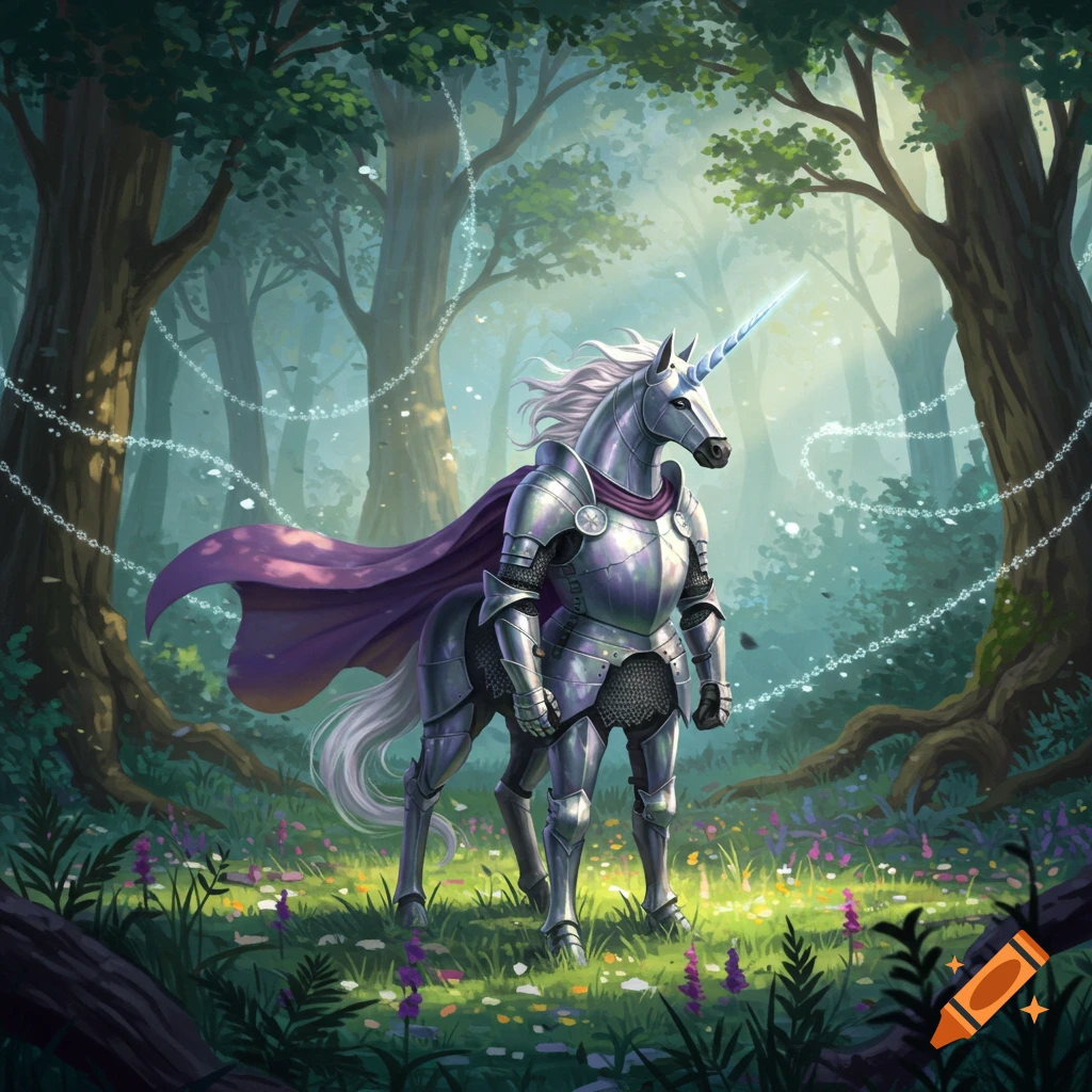 An armored unicorn with a glowing horn and purple cape stands in a magical forest.