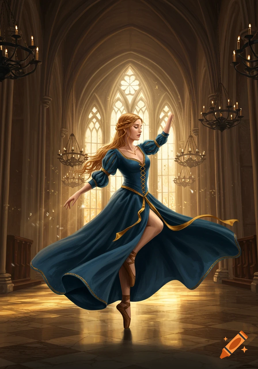 A graceful medieval dancer in a flowing blue and gold gown performs en pointe in a grand, sunlit gothic hall with chandeliers.