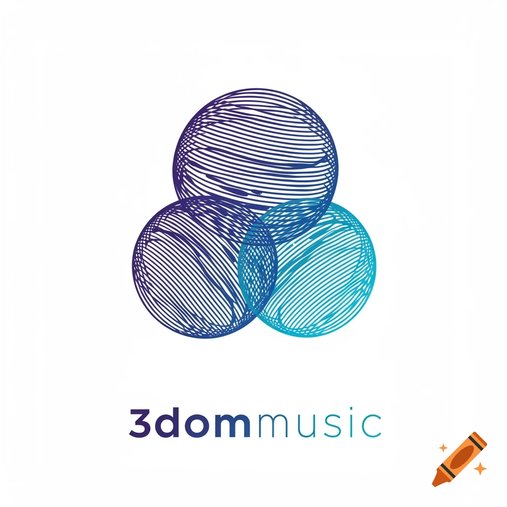 A logo featuring three interconnected, line-art spheres in purple and blue gradients, with the text "3dommusic" below.