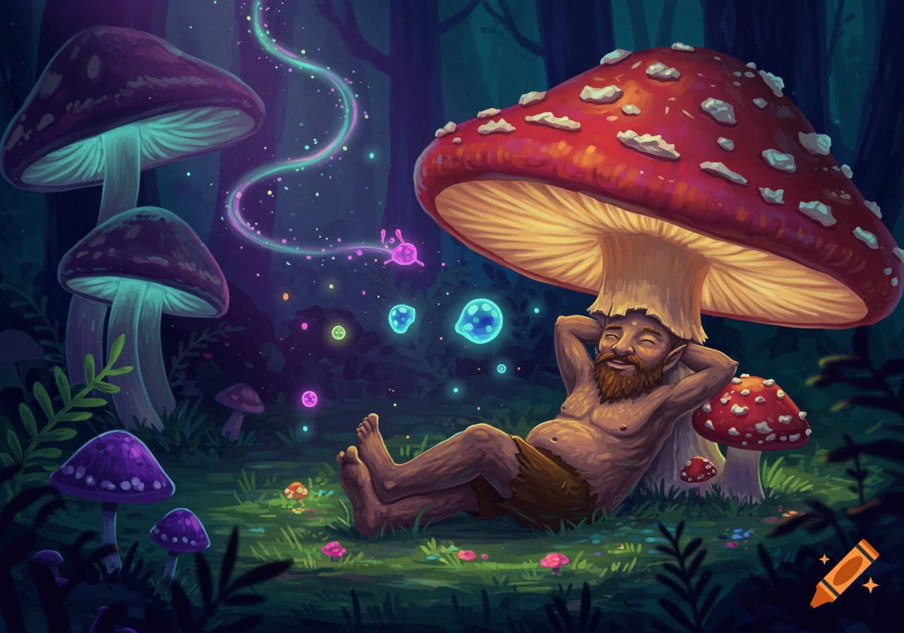 A bearded gnome-like man relaxes under a giant red mushroom in a magical forest with glowing purple and blue mushrooms. Fantasy art.