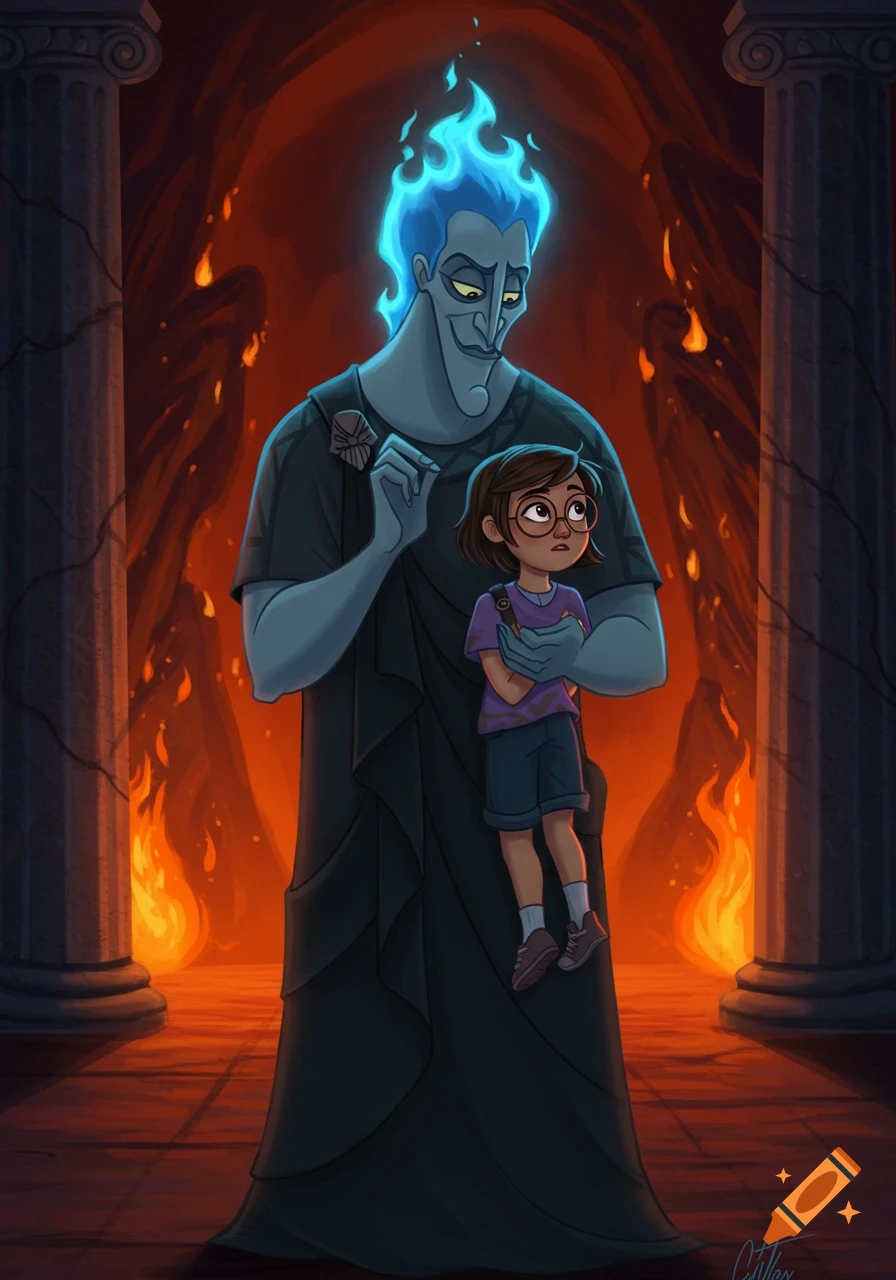 Disney's Hades, with blue flame hair, holds a young girl with glasses and short brown hair in a fiery underworld.