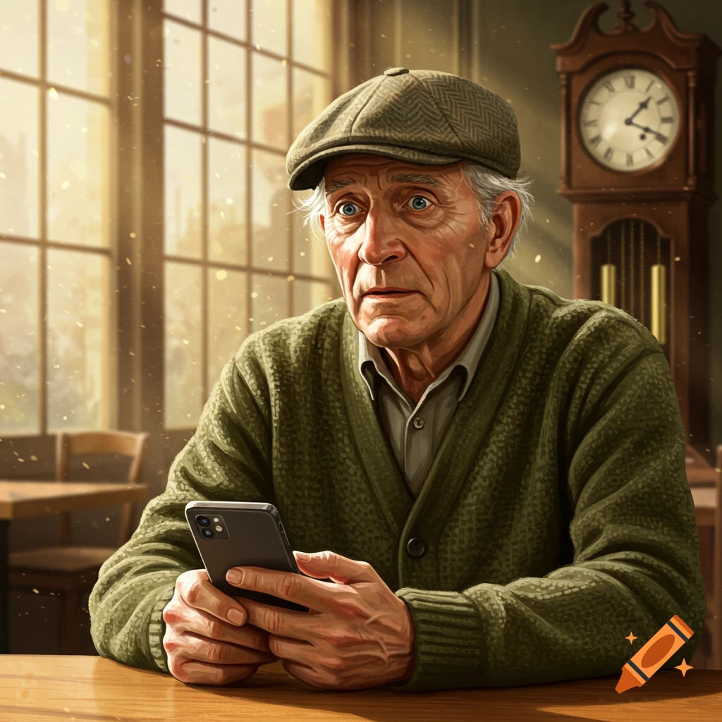 A confused elderly man in a cap and cardigan holds a smartphone, looking startled, in a sunlit room with a grandfather clock.