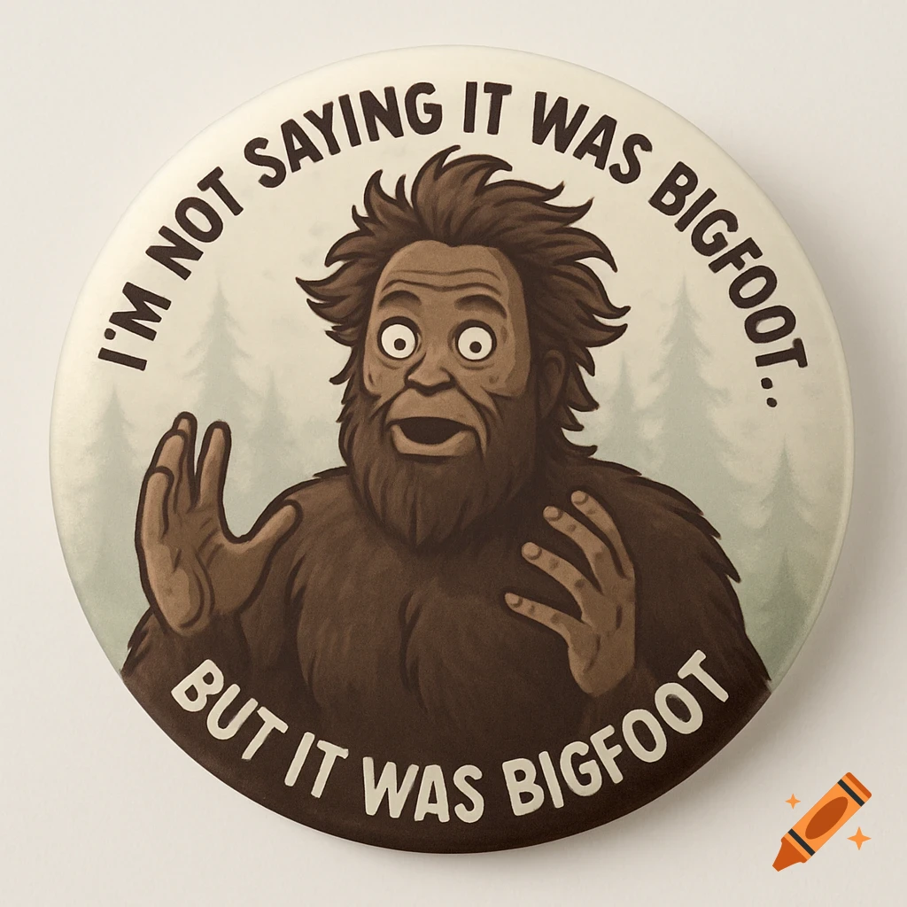 A cartoon Bigfoot with wide eyes and hands raised, on a circular button with text 'I'm not saying it was Bigfoot... but it was Bigfoot.'