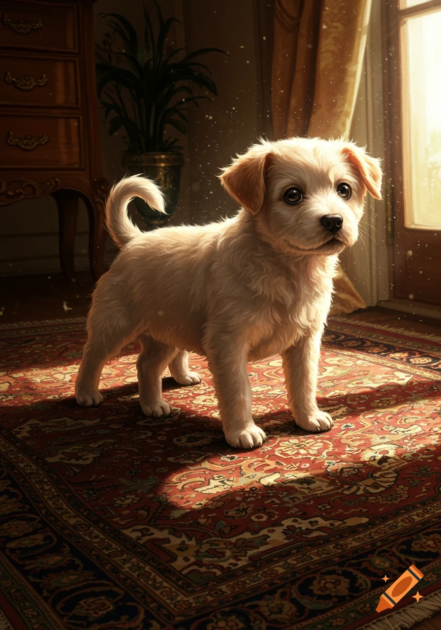A fluffy, light-colored puppy stands on a richly patterned Persian rug, illuminated by warm sunlight from a window.