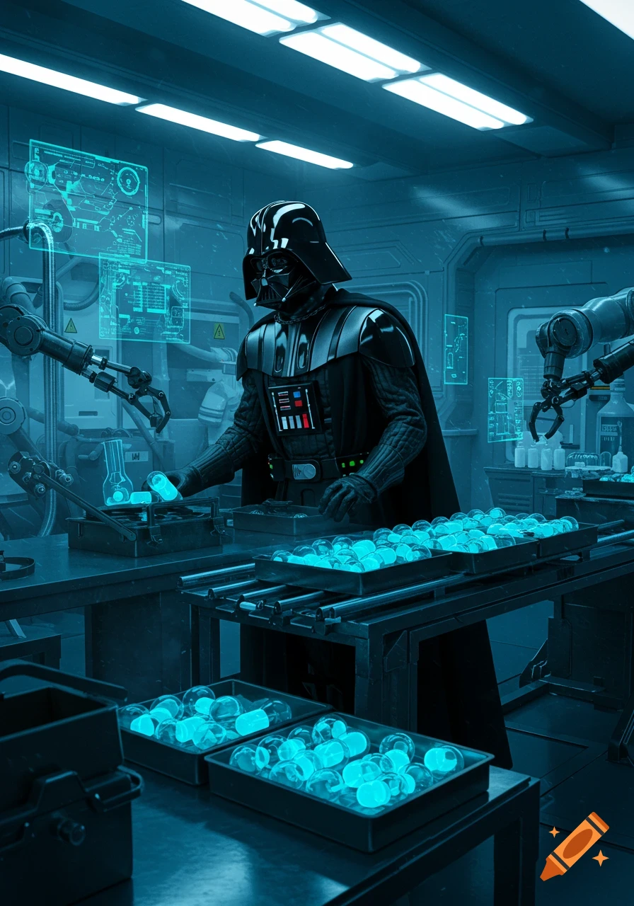 Darth Vader in a sci-fi lab, handling glowing blue vials. Robotic arms, screens with data, and trays of pills fill the futuristic scene.