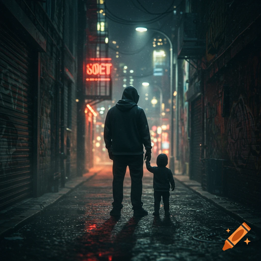 A person in a hoodie holds a small child's hand while walking down a wet, neon-lit alley at night, seen from behind.