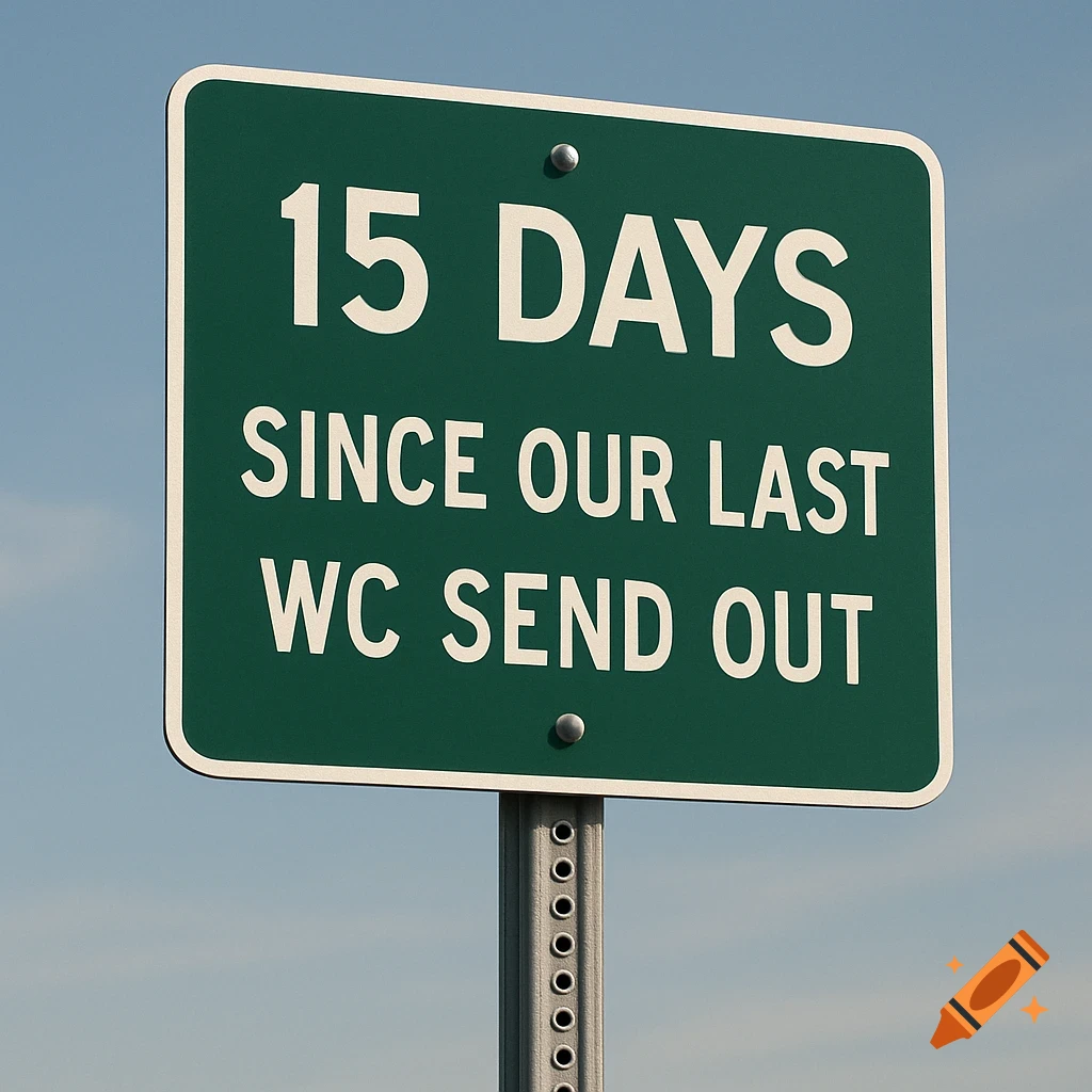 A green highway-style sign reads "15 DAYS SINCE OUR LAST WC SEND OUT" against a blue sky.