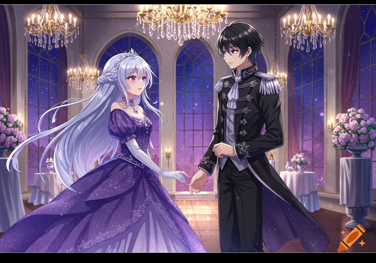 An anime princess with long silver hair in a purple gown and a prince in a black suit stand in a grand ballroom.