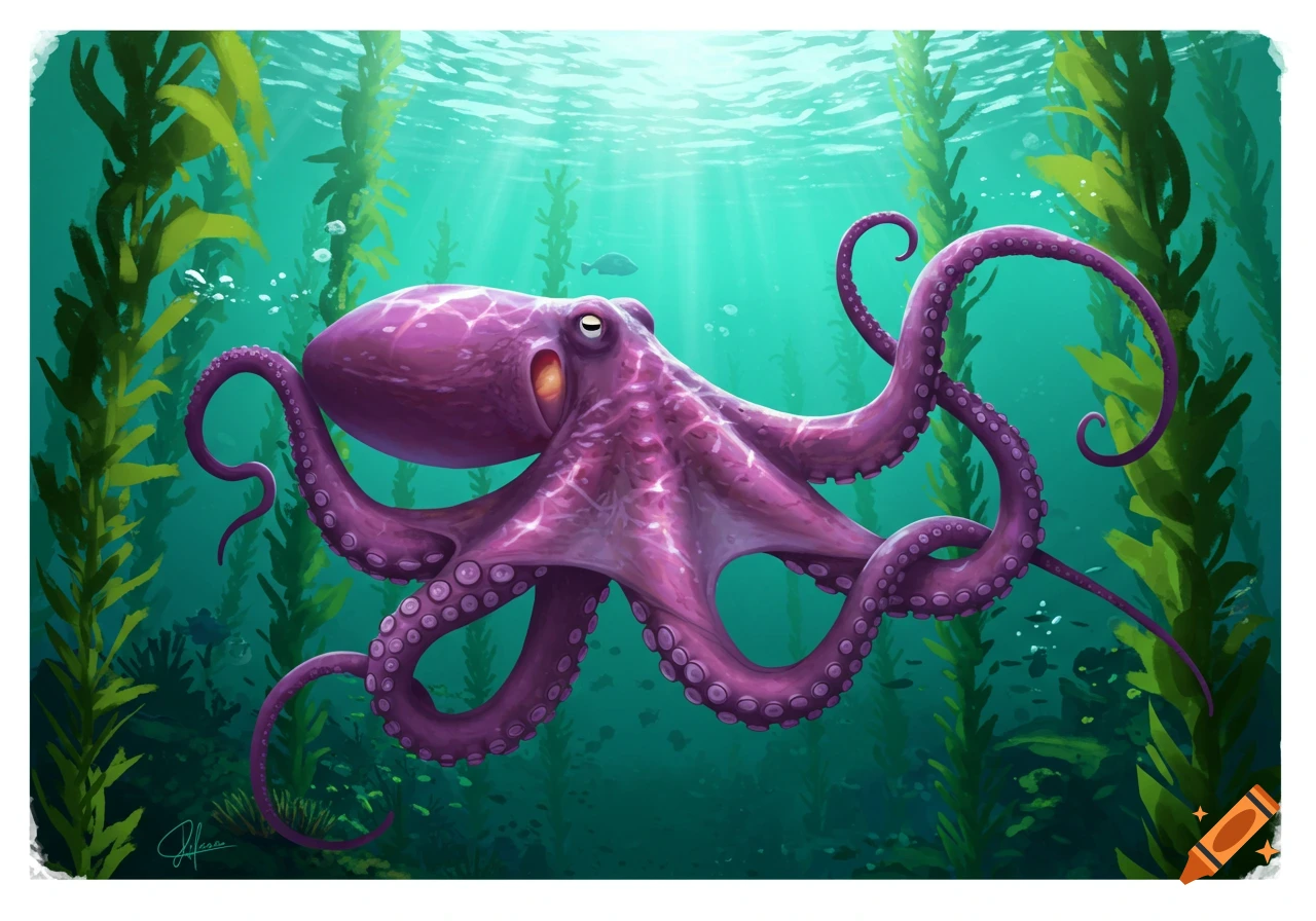An illustration of a vibrant purple octopus swimming in clear blue-green ocean water amidst tall green kelp.