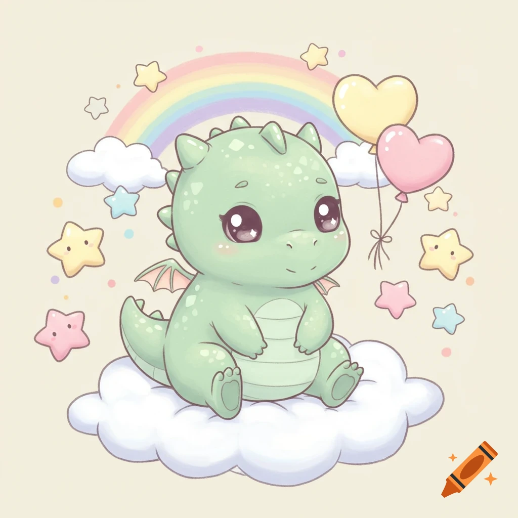 A cute green baby dragon with big eyes sits on a cloud with pastel stars, heart balloons, and a rainbow. Cartoon style.