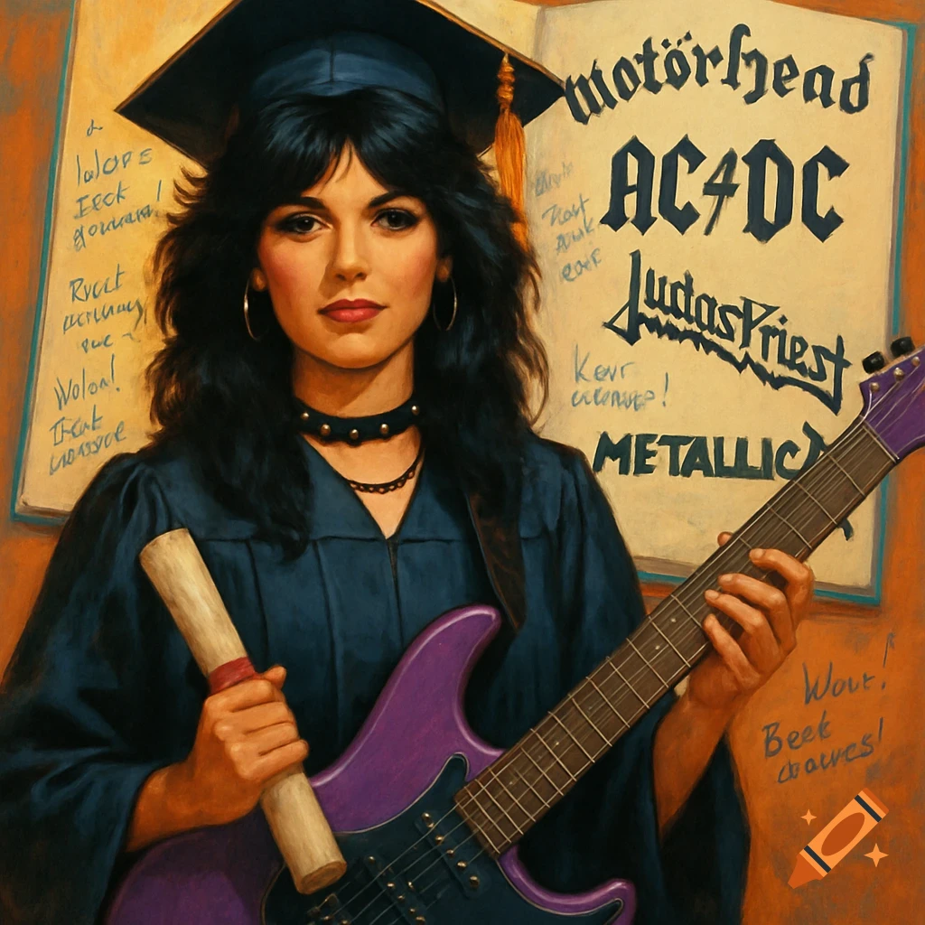 A Latina woman in a graduation cap and gown holds a purple electric guitar and a diploma. A yearbook behind her has heavy metal band logos.