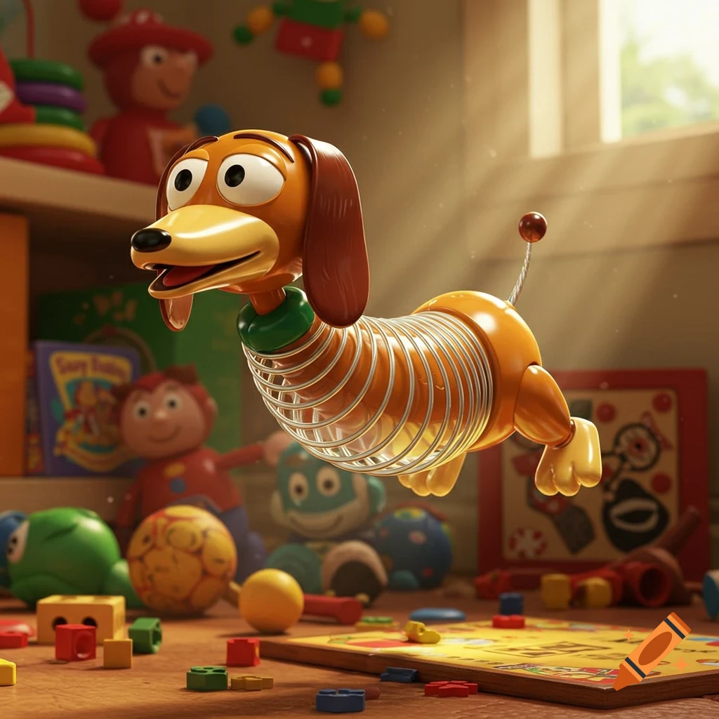 Slinky Dog floats in a sunlit child's room, surrounded by various colorful toys scattered on the floor and shelves, in a 3D animated style.