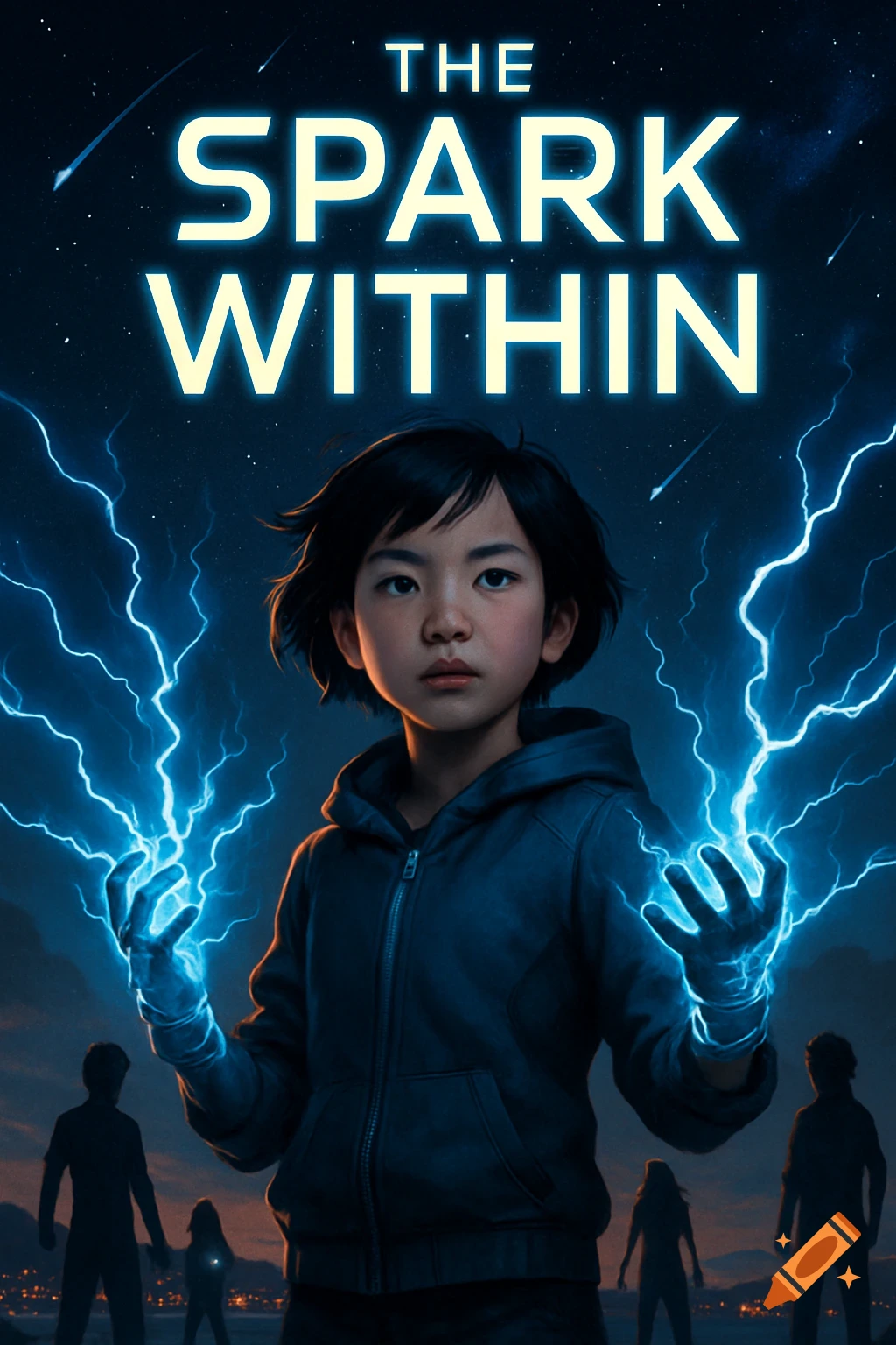 A young Asian girl with blue electricity crackling from her hands stands confidently under a star-filled sky with a futuristic city below, glowing text reads 'THE SPARK WITHIN'.