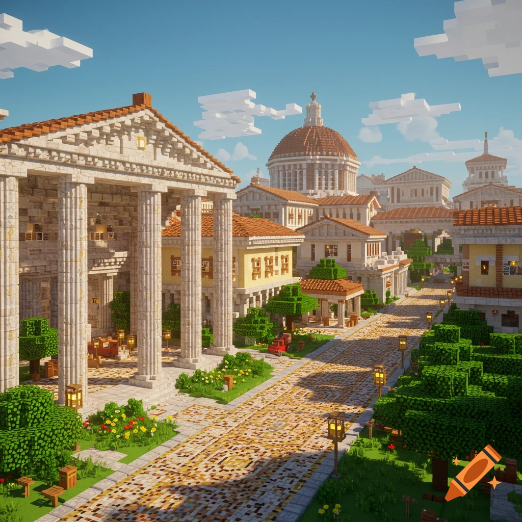 A vibrant blocky Roman-style city in Minecraft, with grand temples, a domed building, and cobblestone streets.