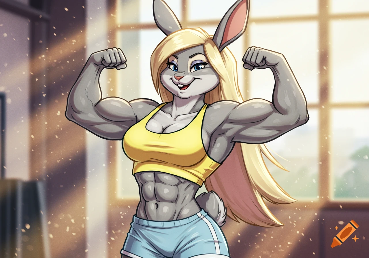 A muscular, blonde-haired humanoid rabbit in a yellow sports bra and blue shorts flexes her biceps in a gym.