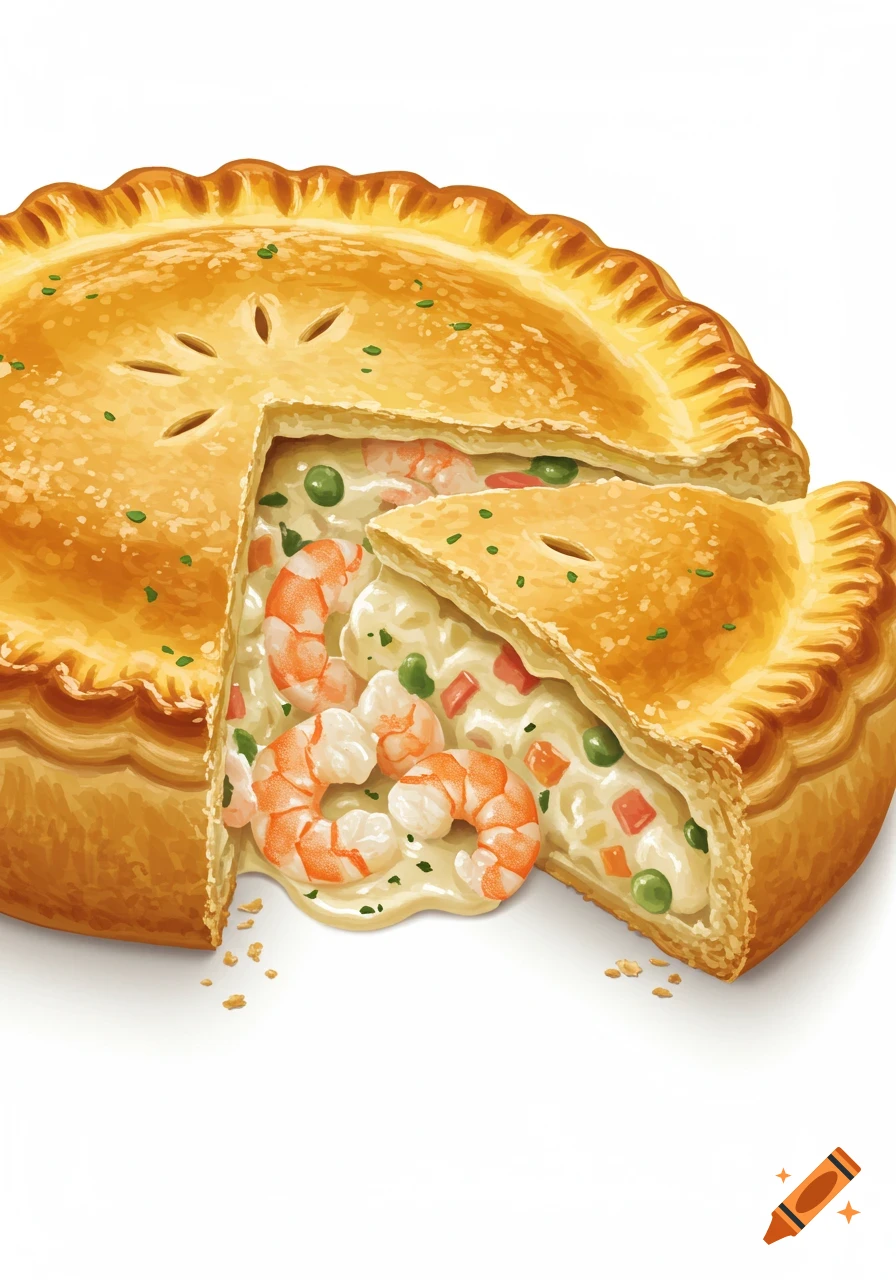 A golden-crusted shrimp potpie with a slice cut out, revealing creamy filling with whole shrimp, peas, and carrots, on a white background.