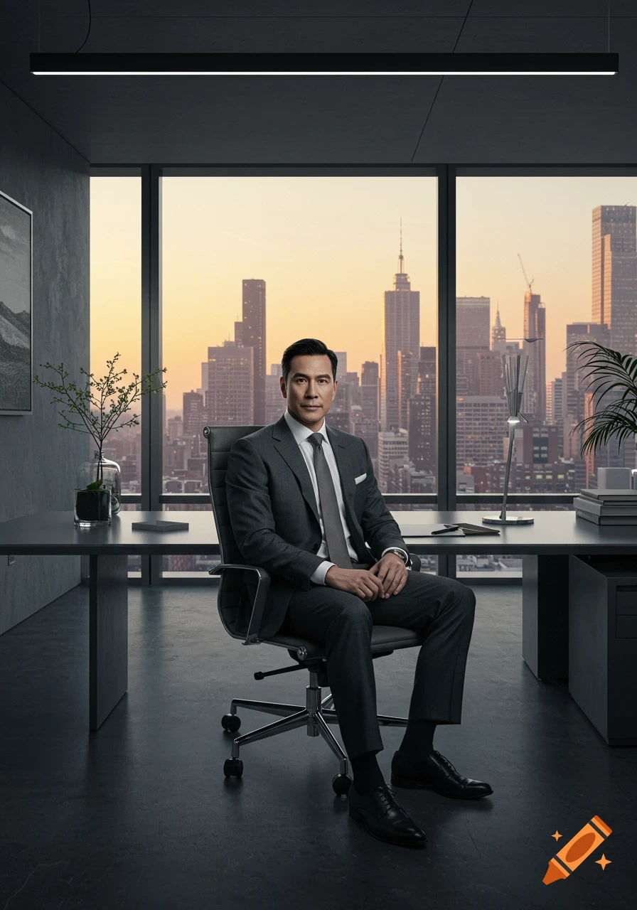 A photorealistic image of a man in a suit sitting in an office with a city skyline view at sunset.