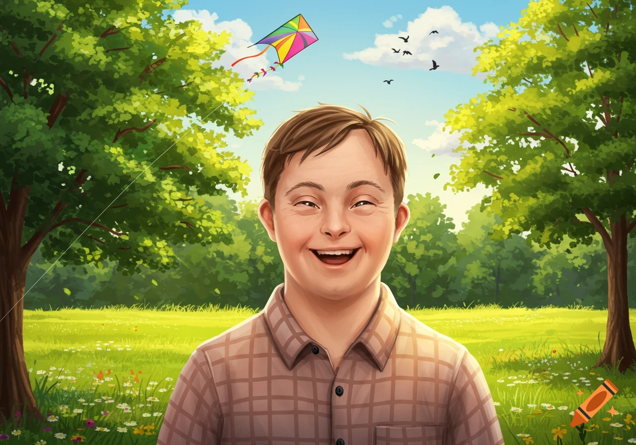 Smiling boy with Down syndrome in a sunny park, a colorful kite flying above trees and wildflowers, cartoon style.