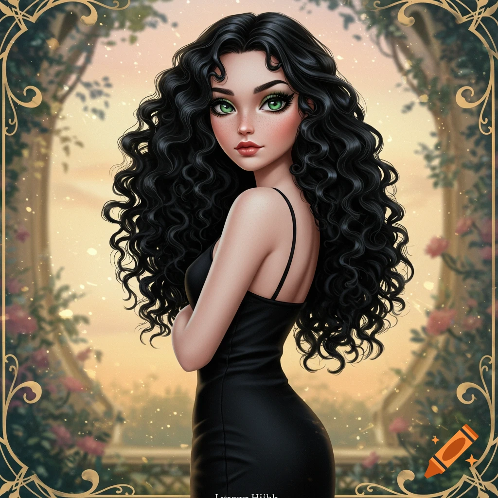 An illustrated woman with long black curly hair and green eyes wears a black slip dress in a garden with ornate golden borders.