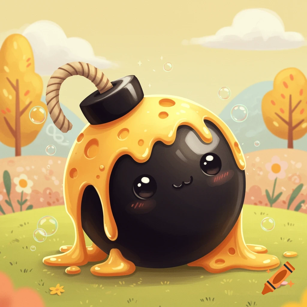 A cute black bomb character covered in dripping yellow cheese sits on green grass with flowers and trees in a sunny cartoon landscape.